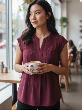 Daniel Rainn Burgundy Cap-Sleeve Pintuck Blouse